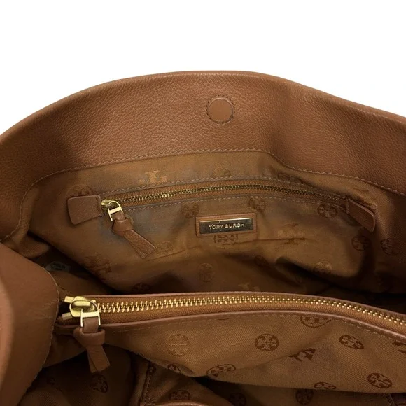 Tory Burch Amanda Classic Pebbled Leather Tote Bag Tan Brown Gold Logo - Picture 7 of 11